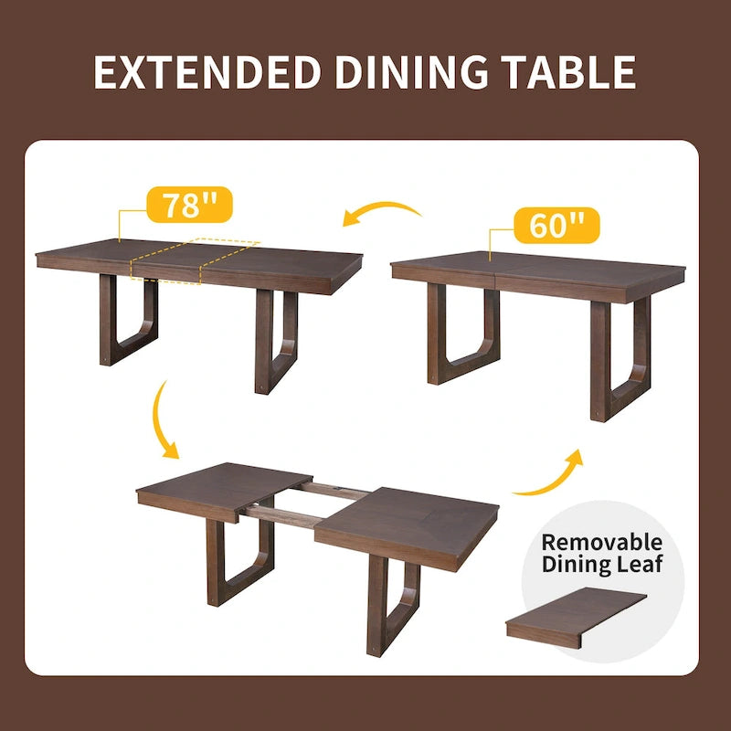 Mesa de comedor extensible marrón para 4-8 personas, estilo rústico con tablero desmontable
