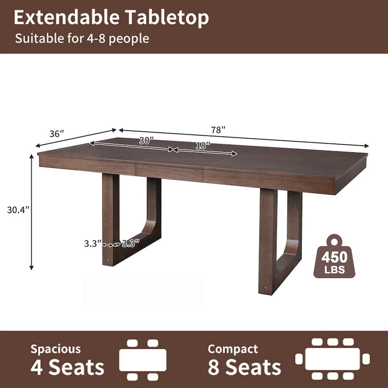 Mesa de comedor extensible marrón para 4-8 personas, estilo rústico con tablero desmontable