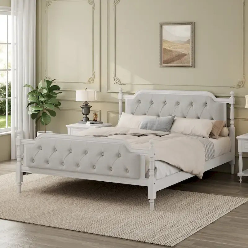 Marco de cama queen, cabecero capitoné, estilo provenzal francés, nogal / blanco antiguo, 2 personas