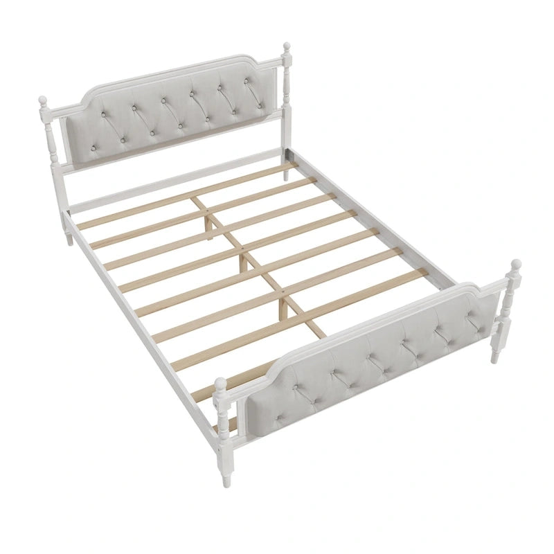 Marco de cama queen, cabecero capitoné, estilo provenzal francés, nogal / blanco antiguo, 2 personas