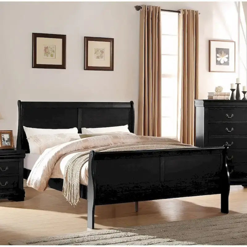 Cama King de transición negra – Pino macizo y chapa de madera