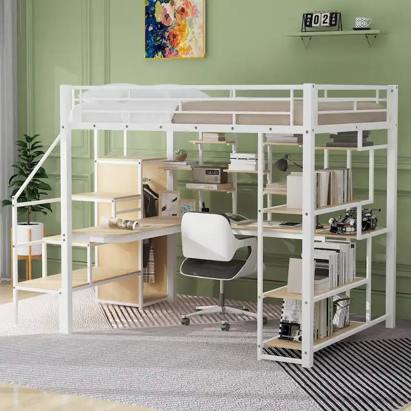 Cama alta individual blanca con escritorio integrado, armario y estante de 3 niveles – 1 plaza