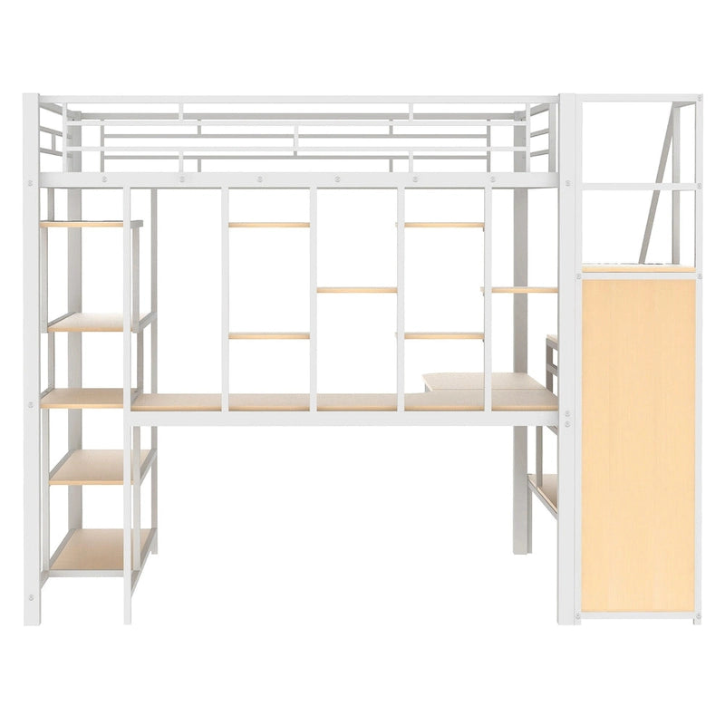 Cama alta individual blanca con escritorio integrado, armario y estante de 3 niveles – 1 plaza