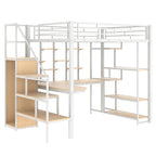 Cama alta individual blanca con escritorio integrado, armario y estante de 3 niveles – 1 plaza