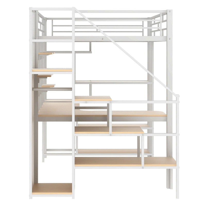 Cama alta individual blanca con escritorio integrado, armario y estante de 3 niveles – 1 plaza