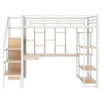Cama alta individual blanca con escritorio integrado, armario y estante de 3 niveles – 1 plaza