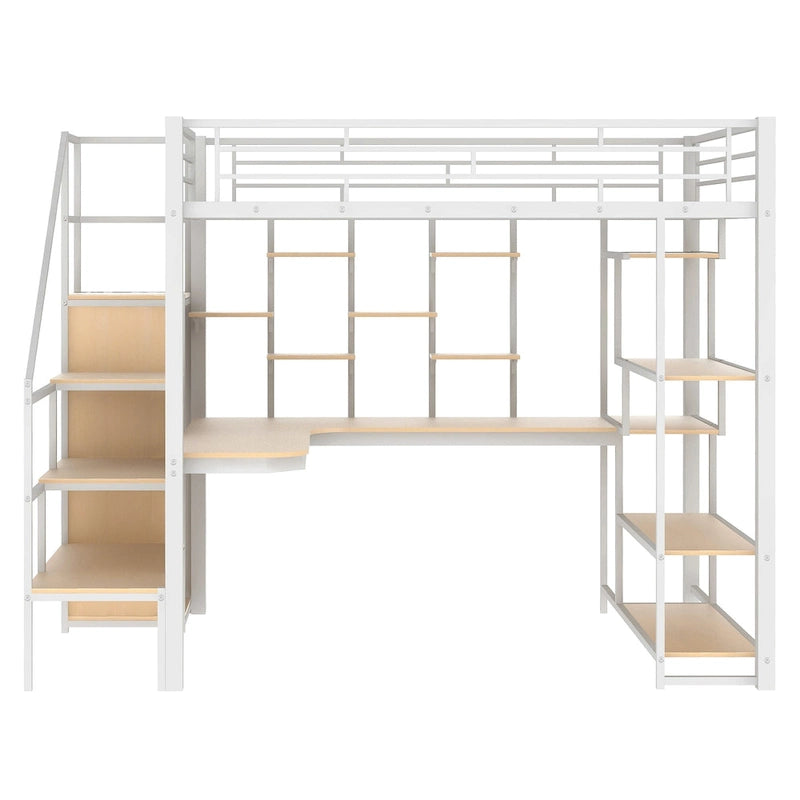 Cama alta individual blanca con escritorio integrado, armario y estante de 3 niveles – 1 plaza
