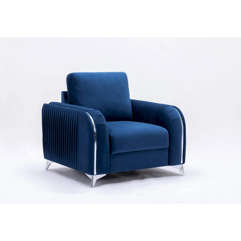 Blue Modern 38  Velvet UpholsteredAccent Chair with Polished Chrome Trim Legs and Vertical Pleated Design
