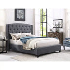 Cama tapizada con alas, con plataforma, botones capitoné, tamaño Queen, color gris/beige/azul