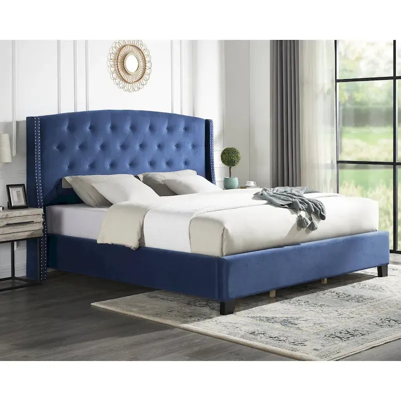Cama tapizada con alas, con plataforma, botones capitoné, tamaño Queen, color gris/beige/azul