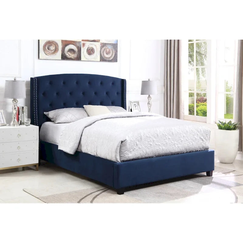 Cama tapizada con alas, con plataforma, botones capitoné, tamaño Queen, color gris/beige/azul