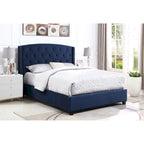 Cama tapizada con alas, con plataforma, botones capitoné, tamaño Queen, color gris/beige/azul