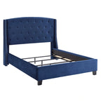 Cama tapizada con alas, con plataforma, botones capitoné, tamaño Queen, color gris/beige/azul