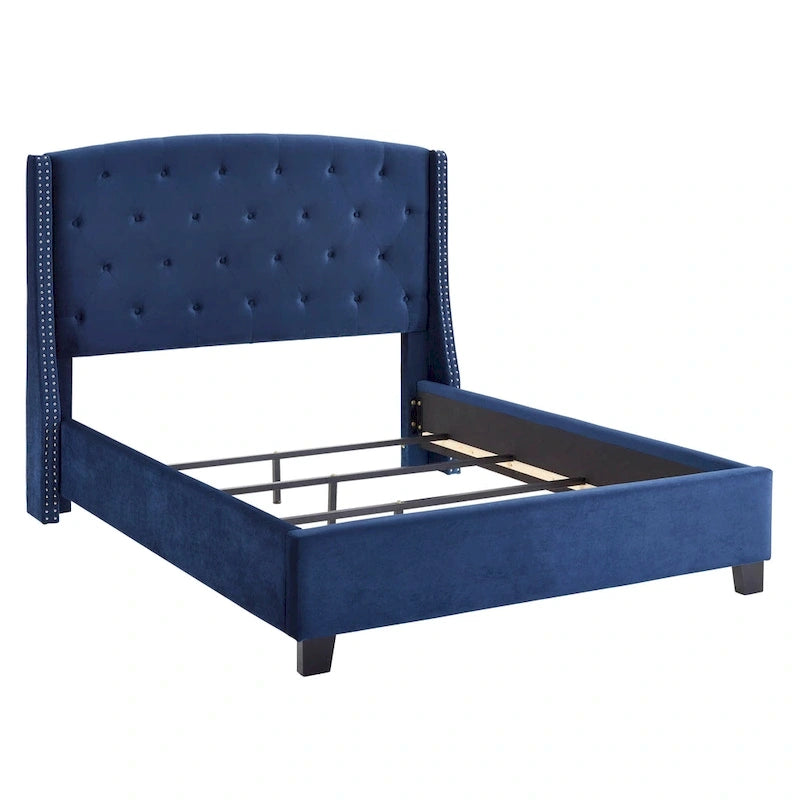 Cama tapizada con alas, con plataforma, botones capitoné, tamaño Queen, color gris/beige/azul
