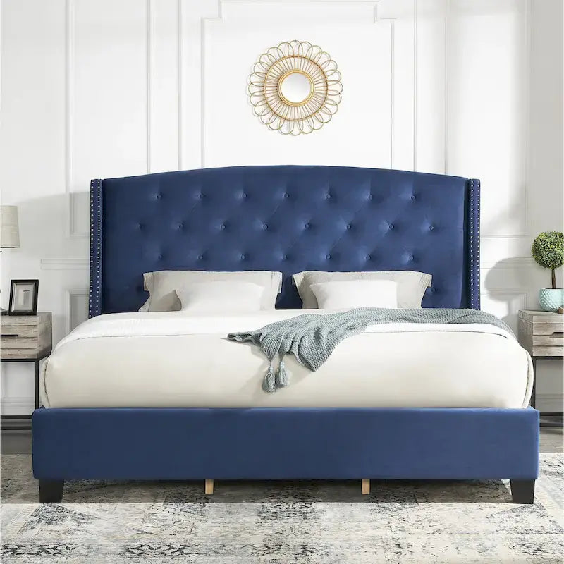 Cama tapizada con alas, con plataforma, botones capitoné, tamaño Queen, color gris/beige/azul