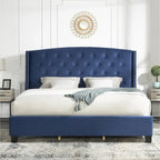 Cama tapizada con alas, con plataforma, botones capitoné, tamaño Queen, color gris/beige/azul