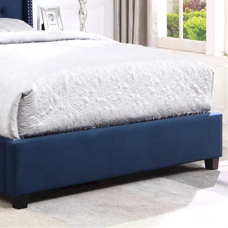 Cama tapizada con alas, con plataforma, botones capitoné, tamaño Queen, color gris/beige/azul