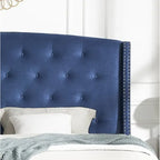 Cama tapizada con alas, con plataforma, botones capitoné, tamaño Queen, color gris/beige/azul