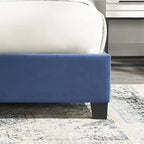Cama tapizada con alas, con plataforma, botones capitoné, tamaño Queen, color gris/beige/azul