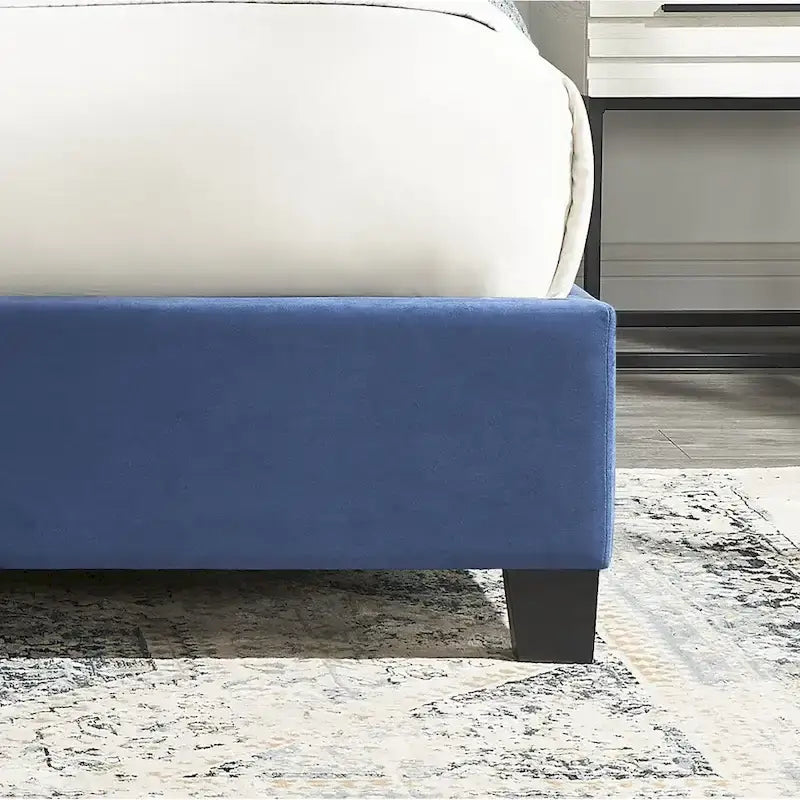 Cama tapizada con alas, con plataforma, botones capitoné, tamaño Queen, color gris/beige/azul