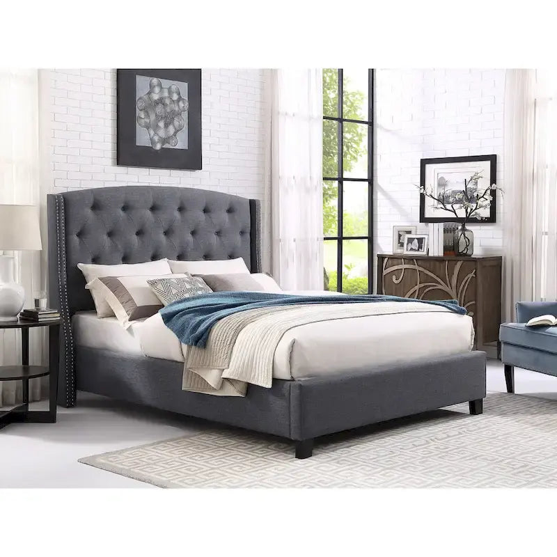 Cama tapizada con alas, con plataforma, botones capitoné, tamaño Queen, color gris/beige/azul