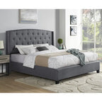 Cama tapizada con alas, con plataforma, botones capitoné, tamaño Queen, color gris/beige/azul
