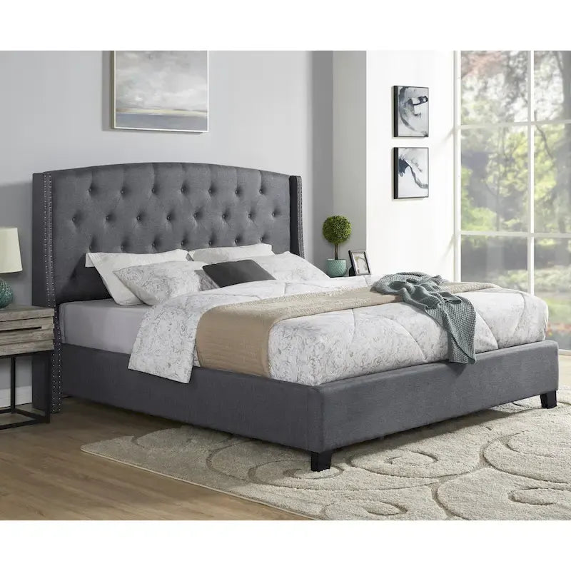 Cama tapizada con alas, con plataforma, botones capitoné, tamaño Queen, color gris/beige/azul