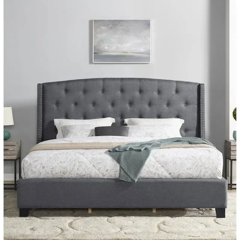Cama tapizada con alas, con plataforma, botones capitoné, tamaño Queen, color gris/beige/azul