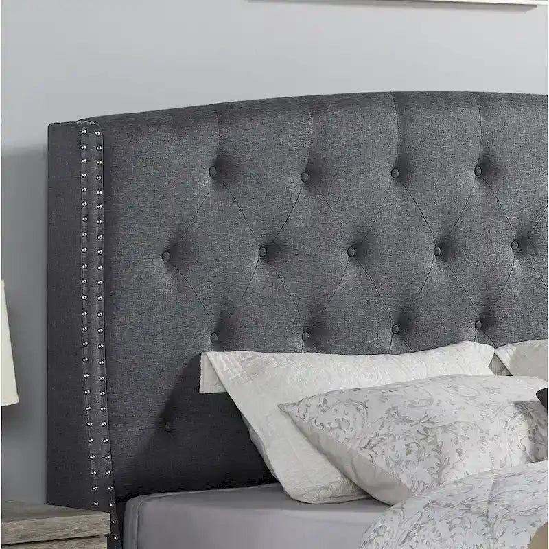 Cama tapizada con alas, con plataforma, botones capitoné, tamaño Queen, color gris/beige/azul