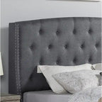 Cama tapizada con alas, con plataforma, botones capitoné, tamaño Queen, color gris/beige/azul