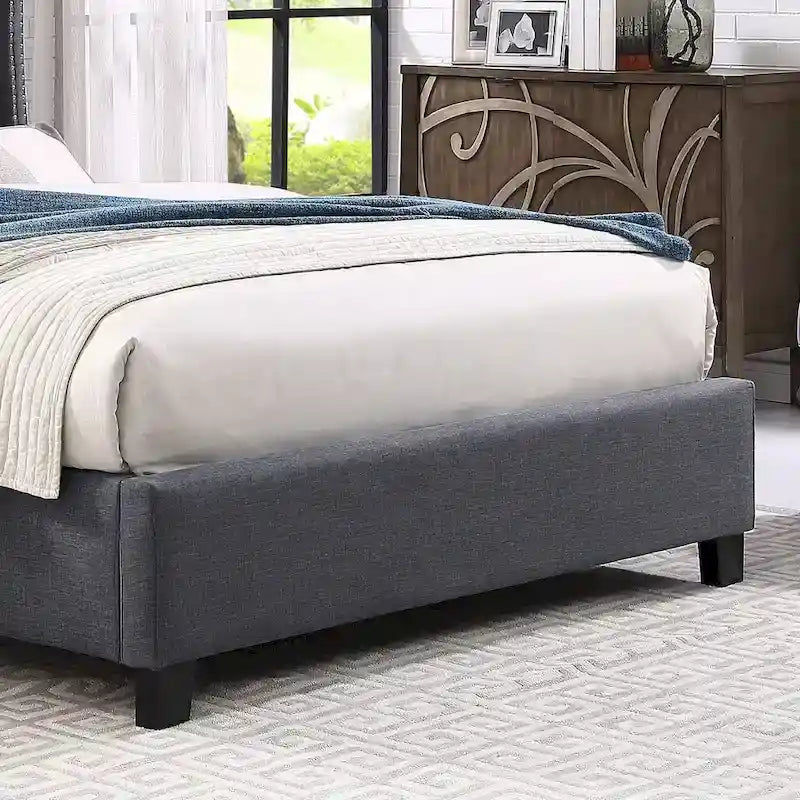 Cama tapizada con alas, con plataforma, botones capitoné, tamaño Queen, color gris/beige/azul