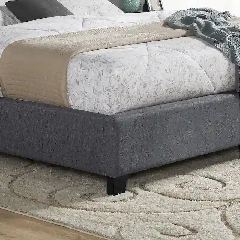 Cama tapizada con alas, con plataforma, botones capitoné, tamaño Queen, color gris/beige/azul