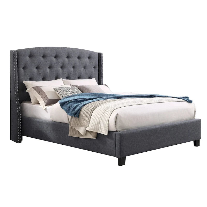 Cama tapizada con alas, con plataforma, botones capitoné, tamaño Queen, color gris/beige/azul