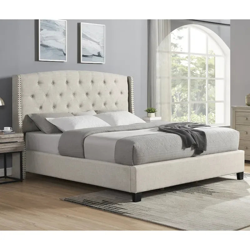 Cama tapizada con alas, con plataforma, botones capitoné, tamaño Queen, color gris/beige/azul