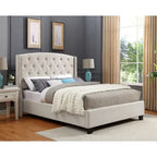 Cama tapizada con alas, con plataforma, botones capitoné, tamaño Queen, color gris/beige/azul