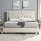 Cama tapizada con alas, con plataforma, botones capitoné, tamaño Queen, color gris/beige/azul