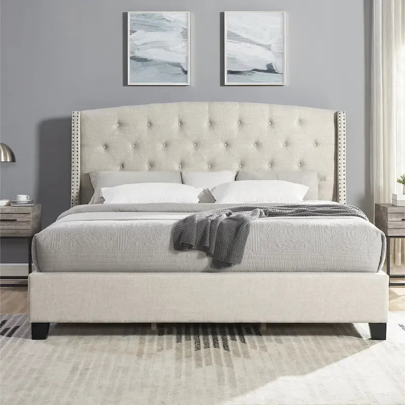Cama tapizada con alas, con plataforma, botones capitoné, tamaño Queen, color gris/beige/azul