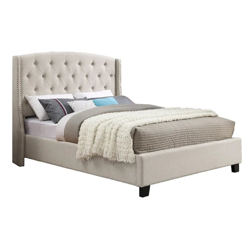 Cama tapizada con alas, con plataforma, botones capitoné, tamaño Queen, color gris/beige/azul