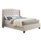 Cama tapizada con alas, con plataforma, botones capitoné, tamaño Queen, color gris/beige/azul