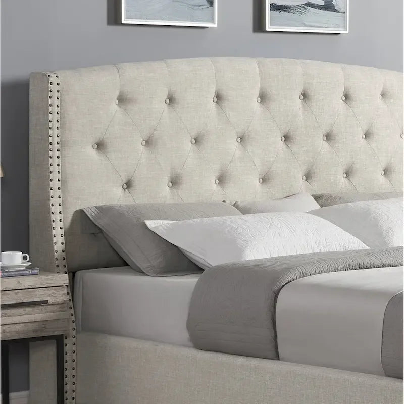 Cama tapizada con alas, con plataforma, botones capitoné, tamaño Queen, color gris/beige/azul