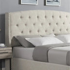 Cama tapizada con alas, con plataforma, botones capitoné, tamaño Queen, color gris/beige/azul