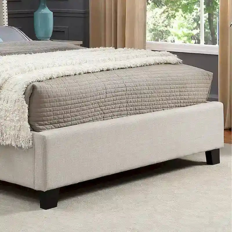 Cama tapizada con alas, con plataforma, botones capitoné, tamaño Queen, color gris/beige/azul