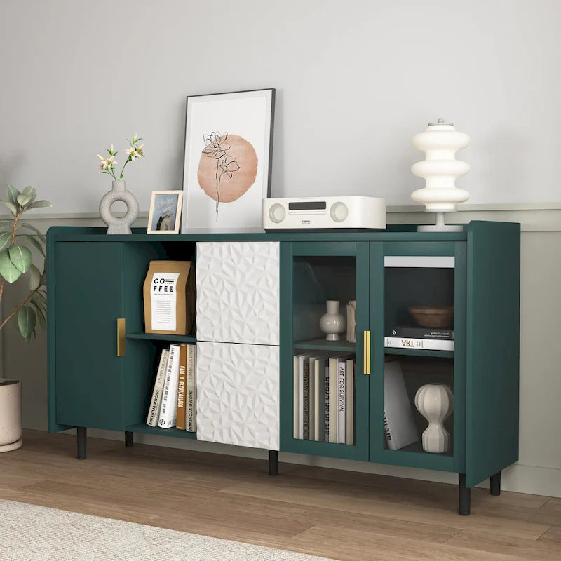 Aparador de almacenamiento azul/verde con puertas de cristal, 2 cajones y estantes abiertos