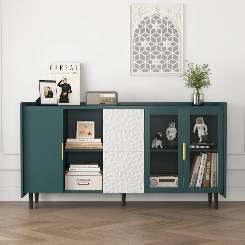 Aparador de almacenamiento azul/verde con puertas de cristal, 2 cajones y estantes abiertos