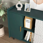 Aparador de almacenamiento azul/verde con puertas de cristal, 2 cajones y estantes abiertos