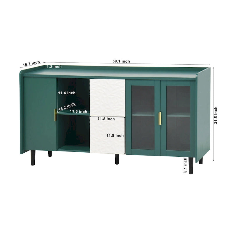 Aparador de almacenamiento azul/verde con puertas de cristal, 2 cajones y estantes abiertos