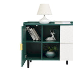Aparador de almacenamiento azul/verde con puertas de cristal, 2 cajones y estantes abiertos