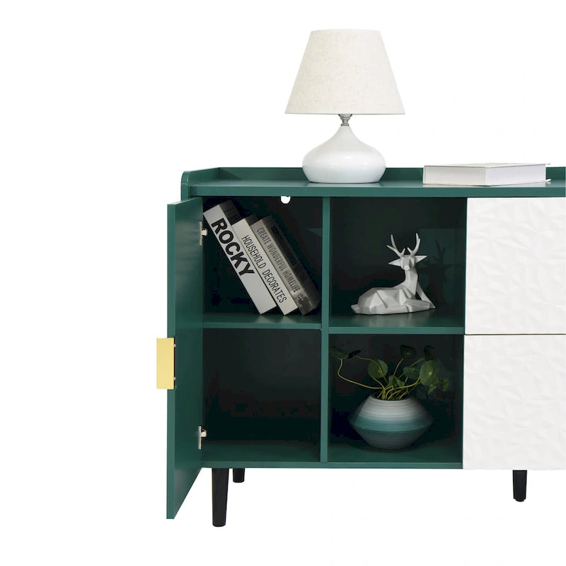 Aparador de almacenamiento azul/verde con puertas de cristal, 2 cajones y estantes abiertos