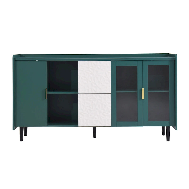 Aparador de almacenamiento azul/verde con puertas de cristal, 2 cajones y estantes abiertos