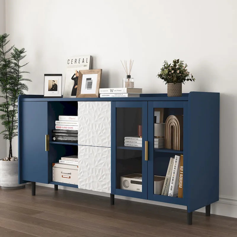 Aparador de almacenamiento azul/verde con puertas de cristal, 2 cajones y estantes abiertos